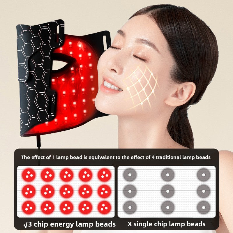 Amporea LED face mask in black glowing red, showing the 7-wavelength light therapy