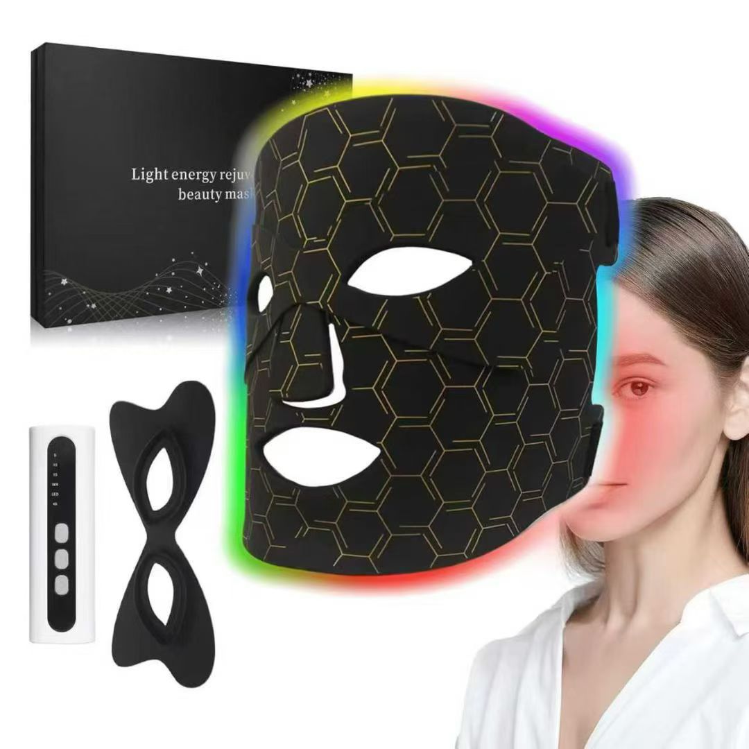 Amporea LED light therapy face mask in black with all light modes, shown with controller, eye mask and box