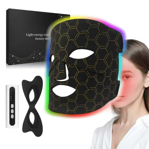 Amporea LED light therapy face mask in black with all light modes, shown with controller, eye mask and box